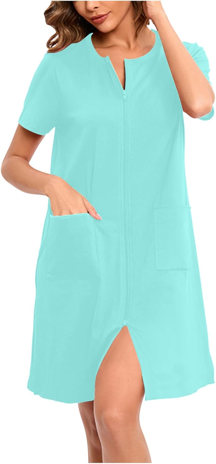 Women's Zipper Robes with Pocket Short Sleeve Crew Neck Gowns Lightweight Soft Stretch Gown Zip Up Sleepwear