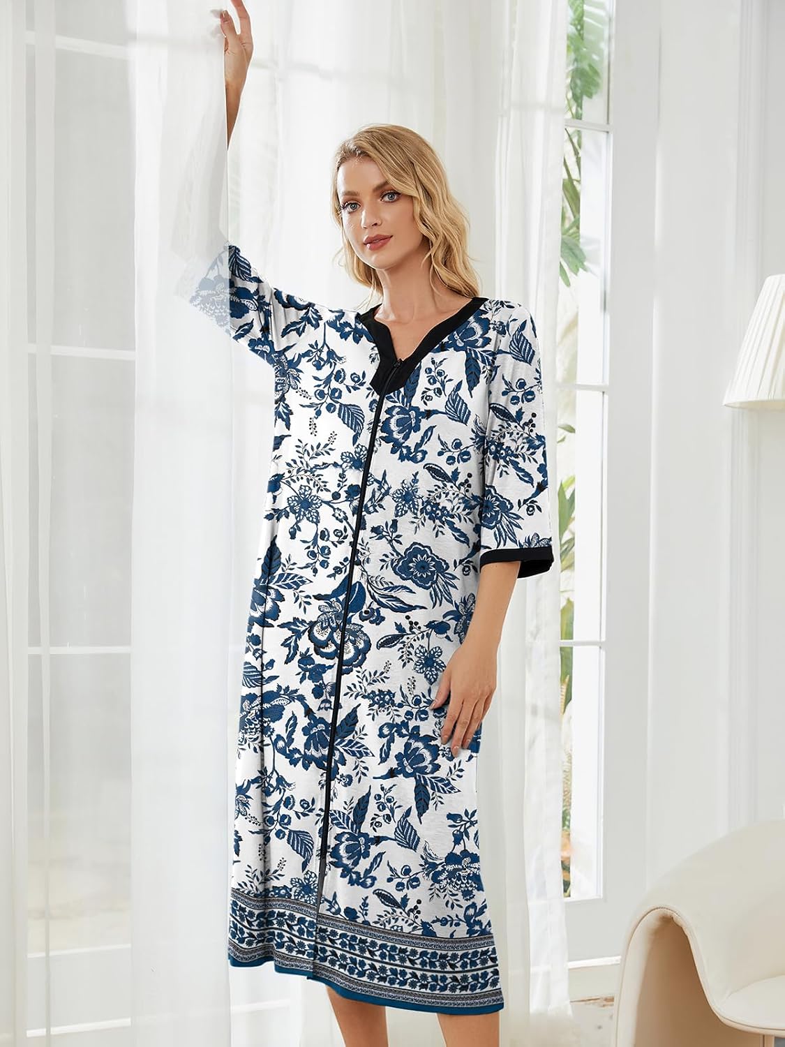 Women's Moo Nightgown House Dress Zip up Robes Long Lounge House Coat Women