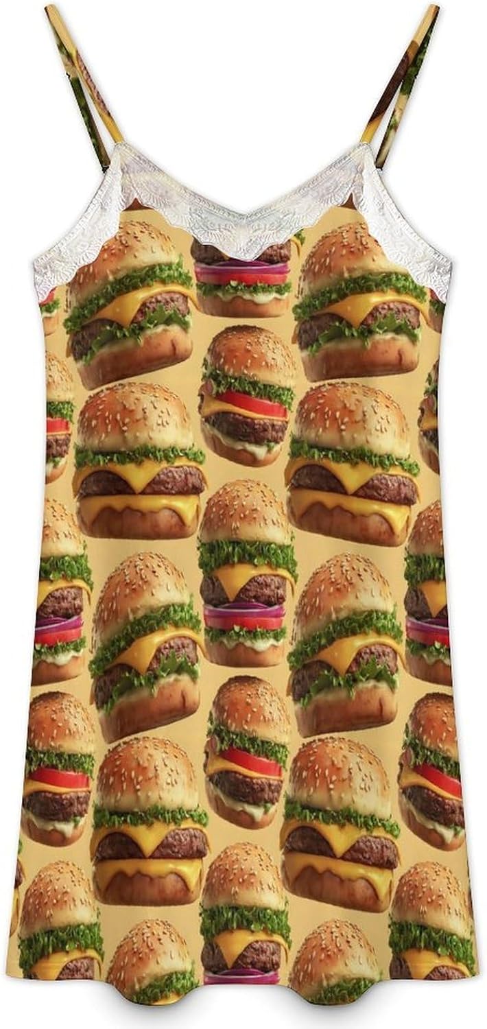 Women's Layered Cheeseburgers Print Nightgowns Sleeveless Sleepwear Spaghetti Strap Sleep Dress