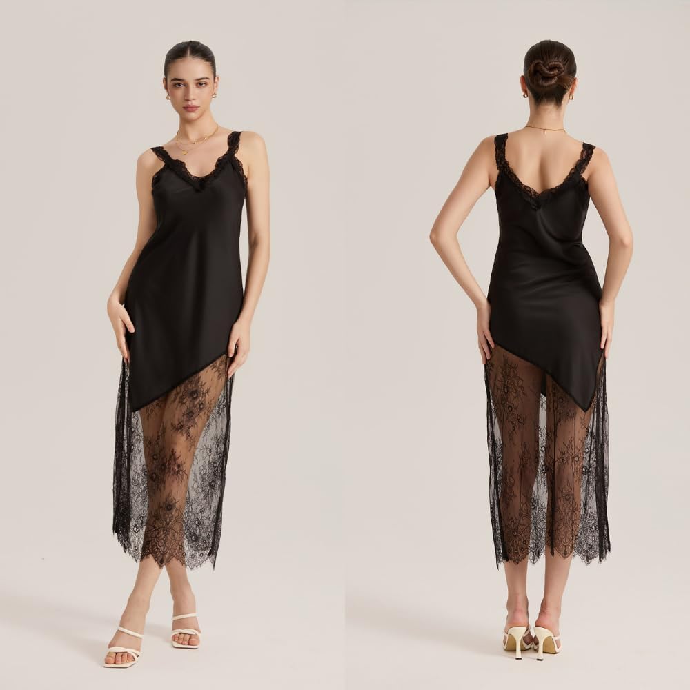 Women's Satin Slip Nightgown Trim Asymmetric Long Sleepwear Sexy Chemise Loungewear, Gifts