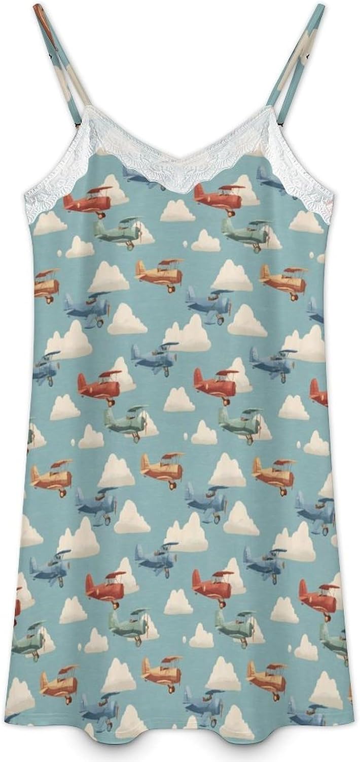 Women's Retro Airplane Print Nightgowns Sleeveless Sleepwear Spaghetti Strap Sleep Dress Women's Retro Airplane Print Nightgowns Sleeveless Sleepwear Spaghetti Strap Sleep Dress