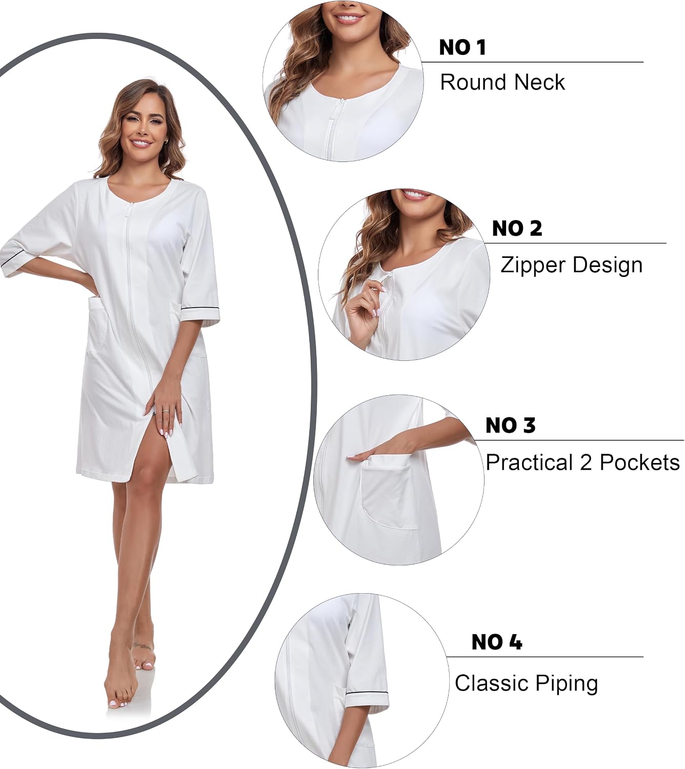 Women's Zipper Robe Cotton Housecoat Lightweight Knee Length Bathrobe 3 4 Sleeve Zip Front House Coat with Pocket Women's Zipper Robe Cotton Housecoat Lightweight Knee Length Bathrobe 3 4 Sleeve Zip Front House Coat with Pocket
