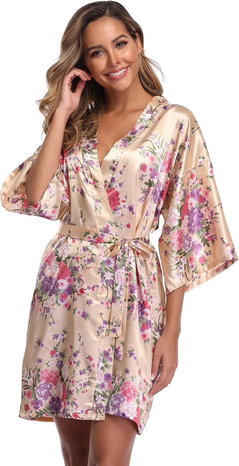 Women's Kimono Robe Satin Bridal Dressing Gown Bride Bridesmaid Robes Sleepwear