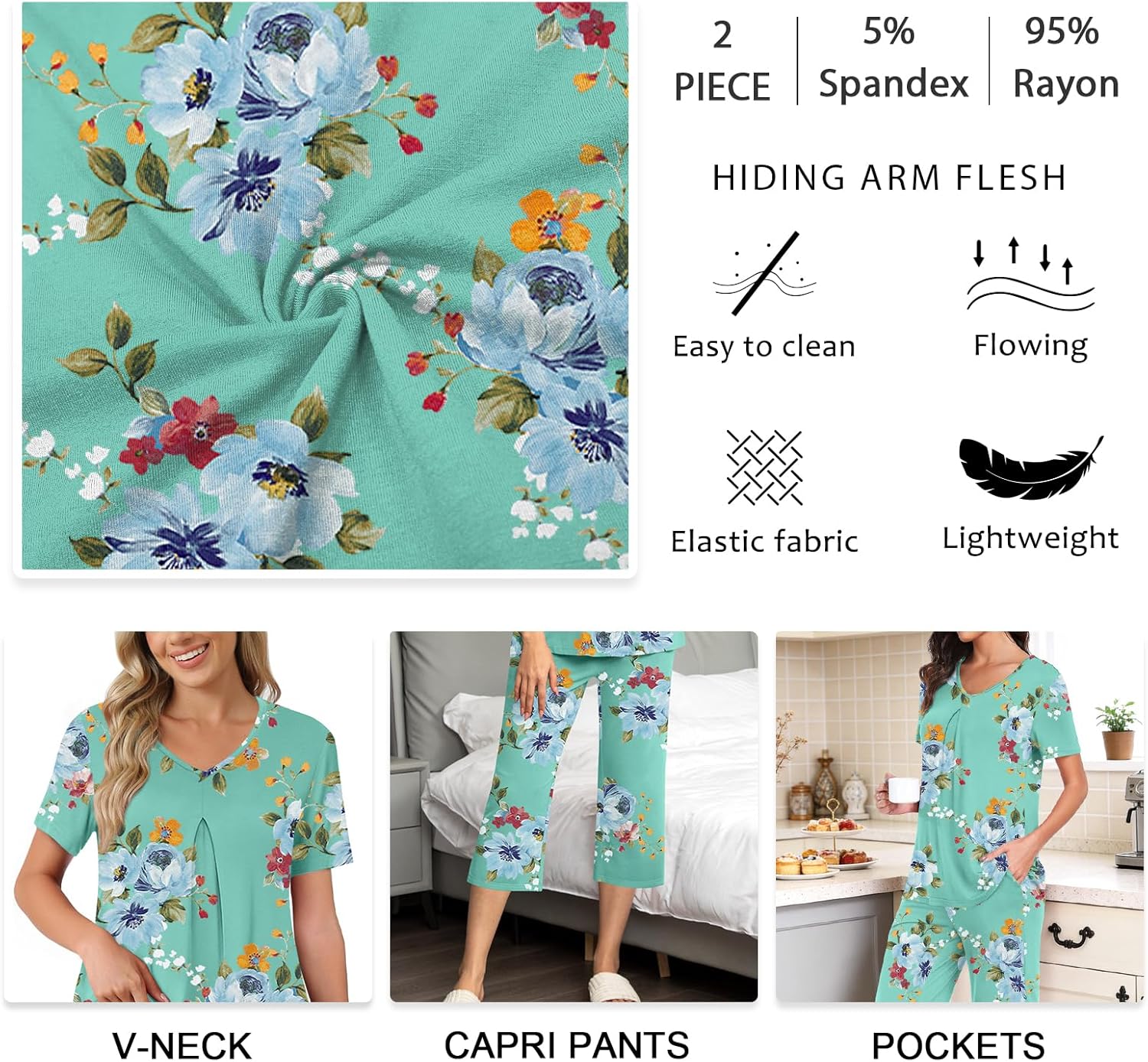Women's Pajama Sets Summer Ladies Pjs 2 Piece Loungewear Capri Sleepwear with Pockets Women's Pajama Sets Summer Ladies Pjs 2 Piece Loungewear Capri Sleepwear with Pockets