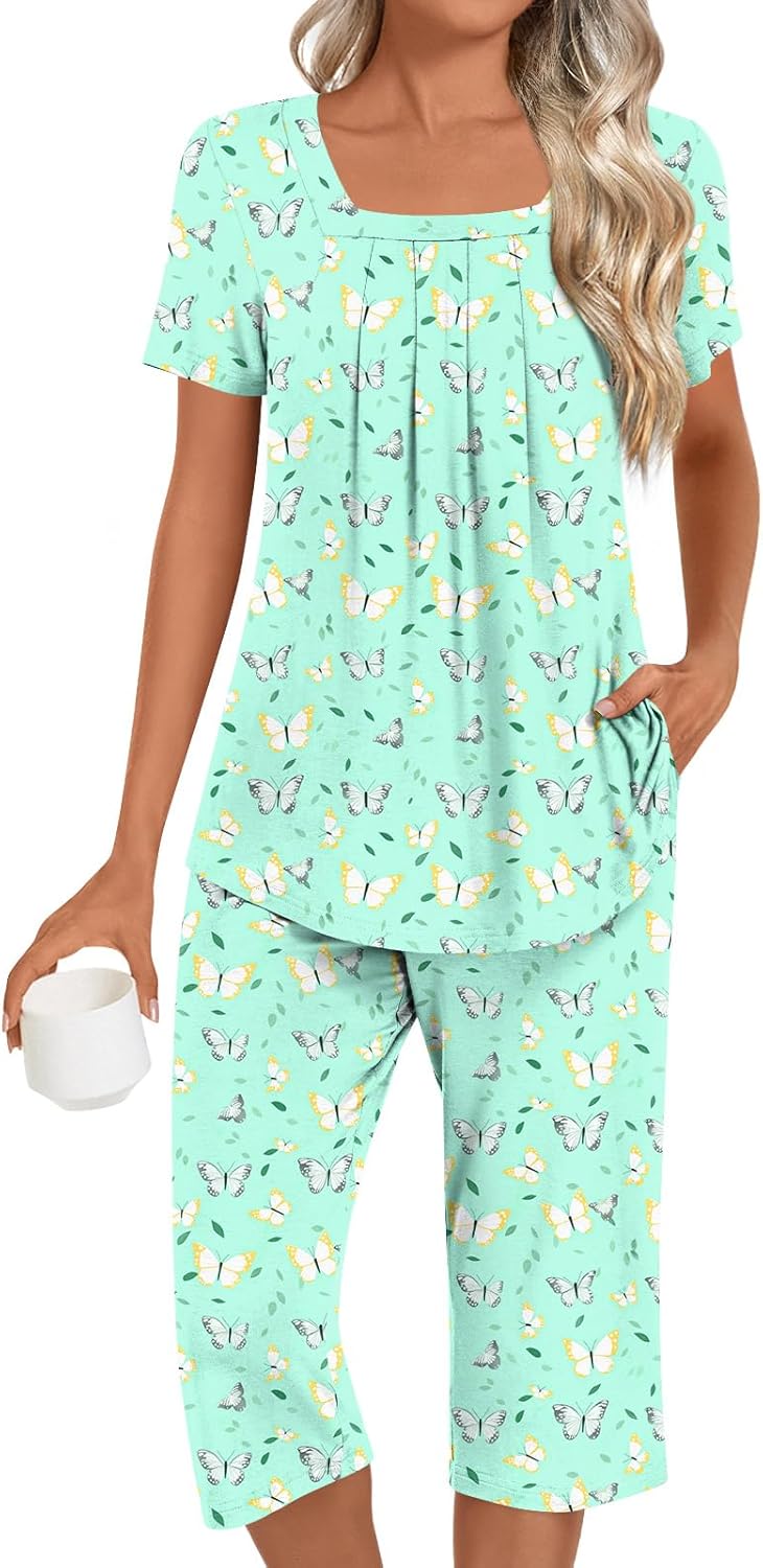 Women's Pajamas Sets Summer Short Sleeve Soft 2 Piece Lounge Sleepwear Pjs