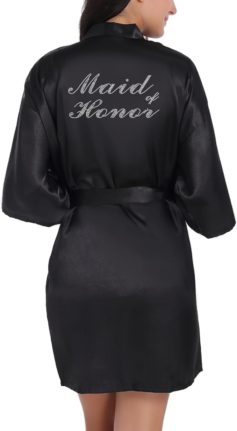 Women's Satin Kimono Robes with Rhinestones Bride Bridesmaid Short Getting Ready Wedding Dressing Gown