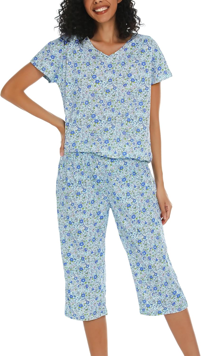 Women's Pajama Sets Cotton Pj Set Short Sleeve Top With Capri Pants Sleepwear 2 Piece Lounge