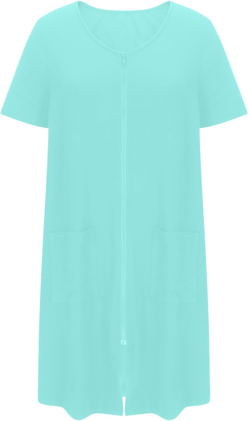 Women's Zipper Robes with Pocket Short Sleeve Crew Neck Gowns Lightweight Soft Stretch Gown Zip Up Sleepwear