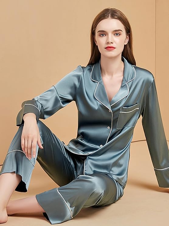Women's Long Sleeve Silk Satin Pajama Set, Classic Button Down V-Neck Top with Pants, Breathable Sleepwear for Lounging