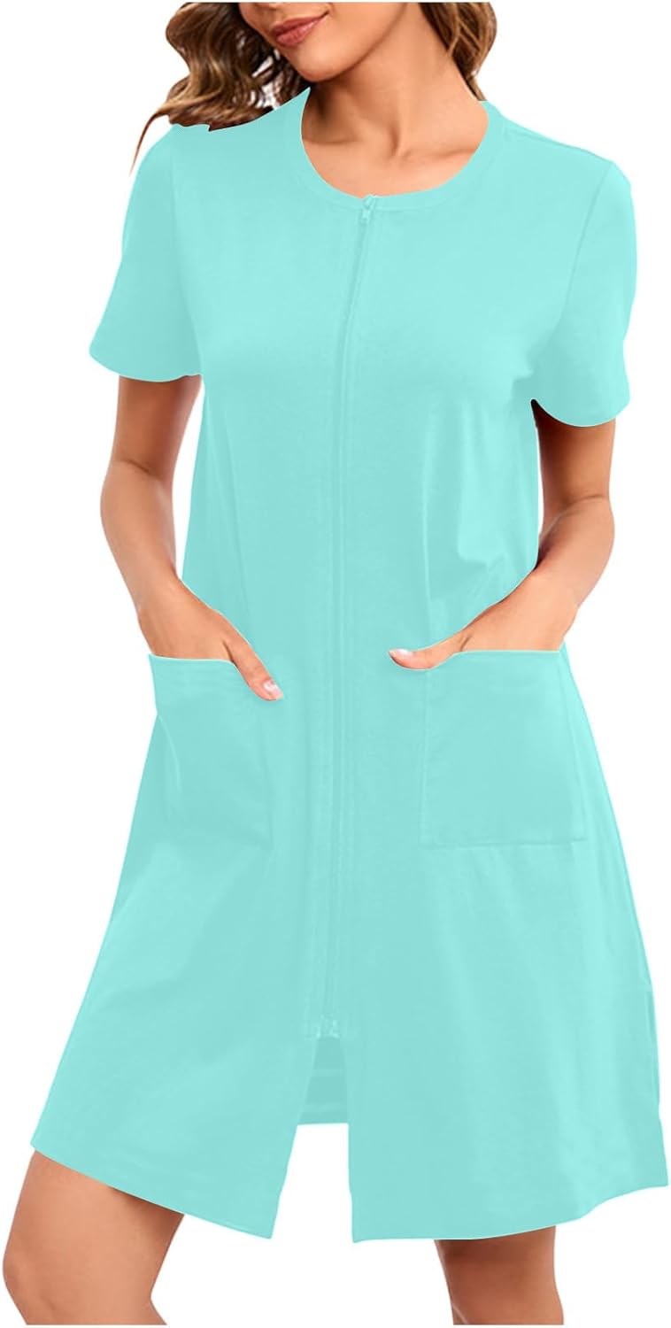 Women's Zipper Robes with Pocket Short Sleeve Crew Neck Gowns Lightweight Soft Stretch Gown Zip Up Sleepwear Women's Zipper Robes with Pocket Short Sleeve Crew Neck Gowns Lightweight Soft Stretch Gown Zip Up Sleepwear