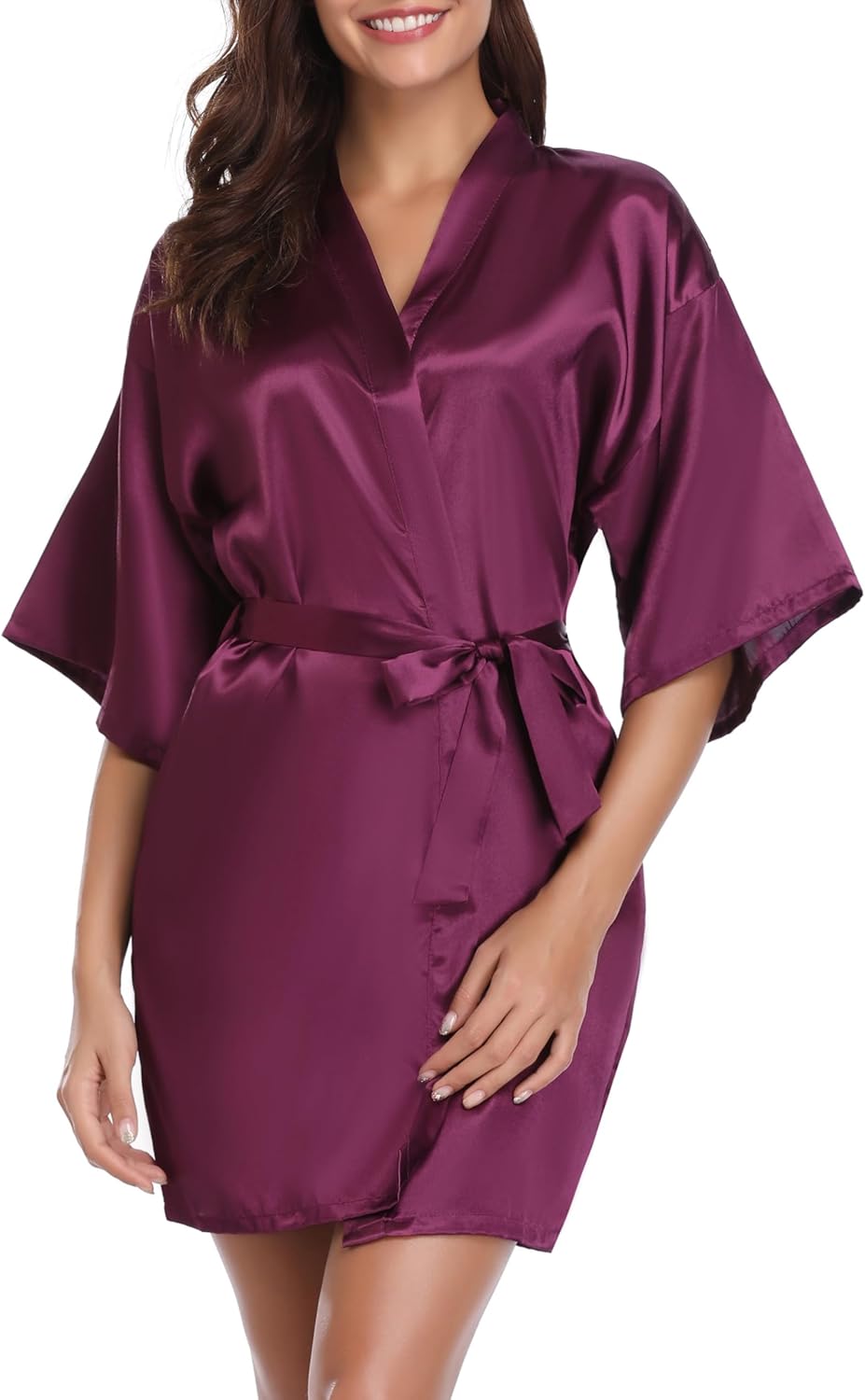 Women's Kimono Robes Dressing Gown Satin Bathrobe Nightdress Short Style Bridal Robe
