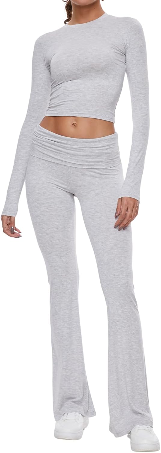 Women's 2 Piece Lounge Sets Fold-over Flare Pants Set Long Sleeve Cropped Top Casual Outfits Pajamas