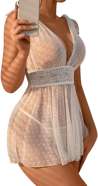 Women's 2 Piece Dots Sheer V Neck Babydoll Teddy Lingerie Set