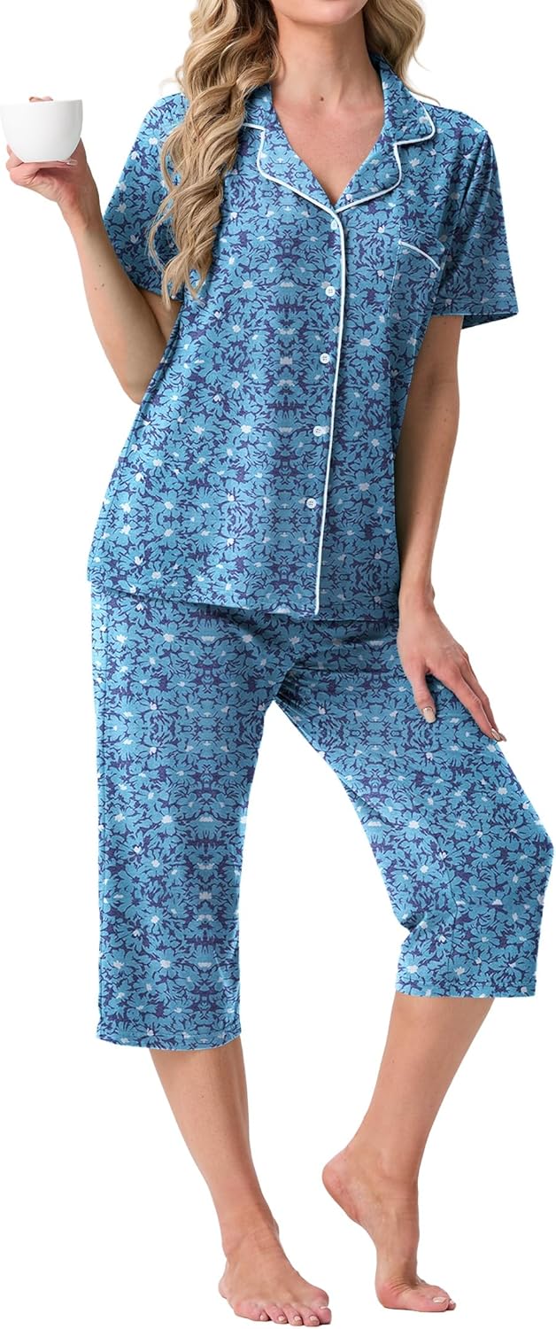 Women's Capri Pajamas Button Down Pjs Short Sleeve Comfy Lounge Set 2 Piece Pj Sets with Pockets