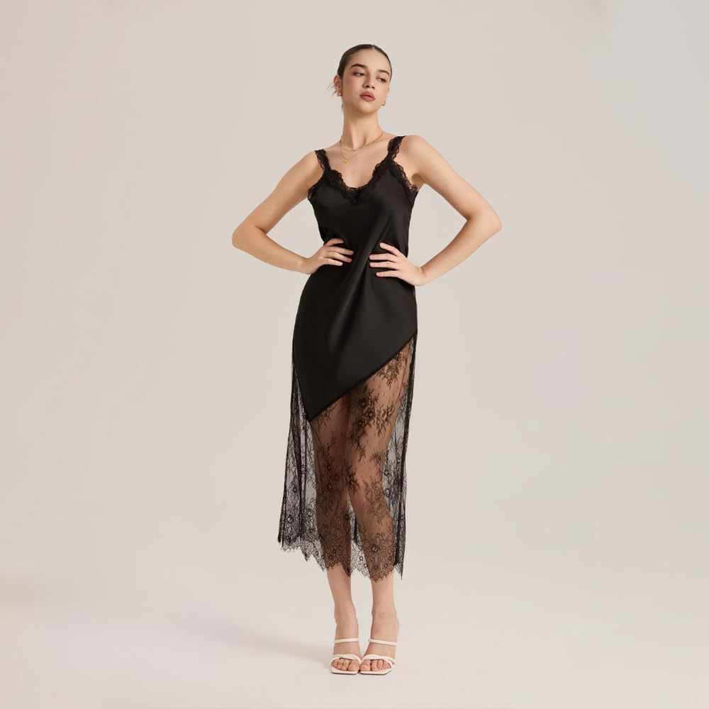 Women's Satin Slip Nightgown Trim Asymmetric Long Sleepwear Sexy Chemise Loungewear, Gifts