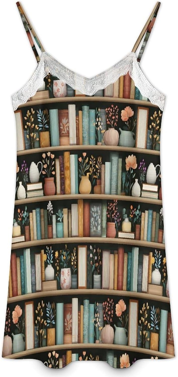 Women's Elegant Bookshelf Flowers D Print Nightgowns Sleeveless Sleepwear Spaghetti Strap Sleep Dress