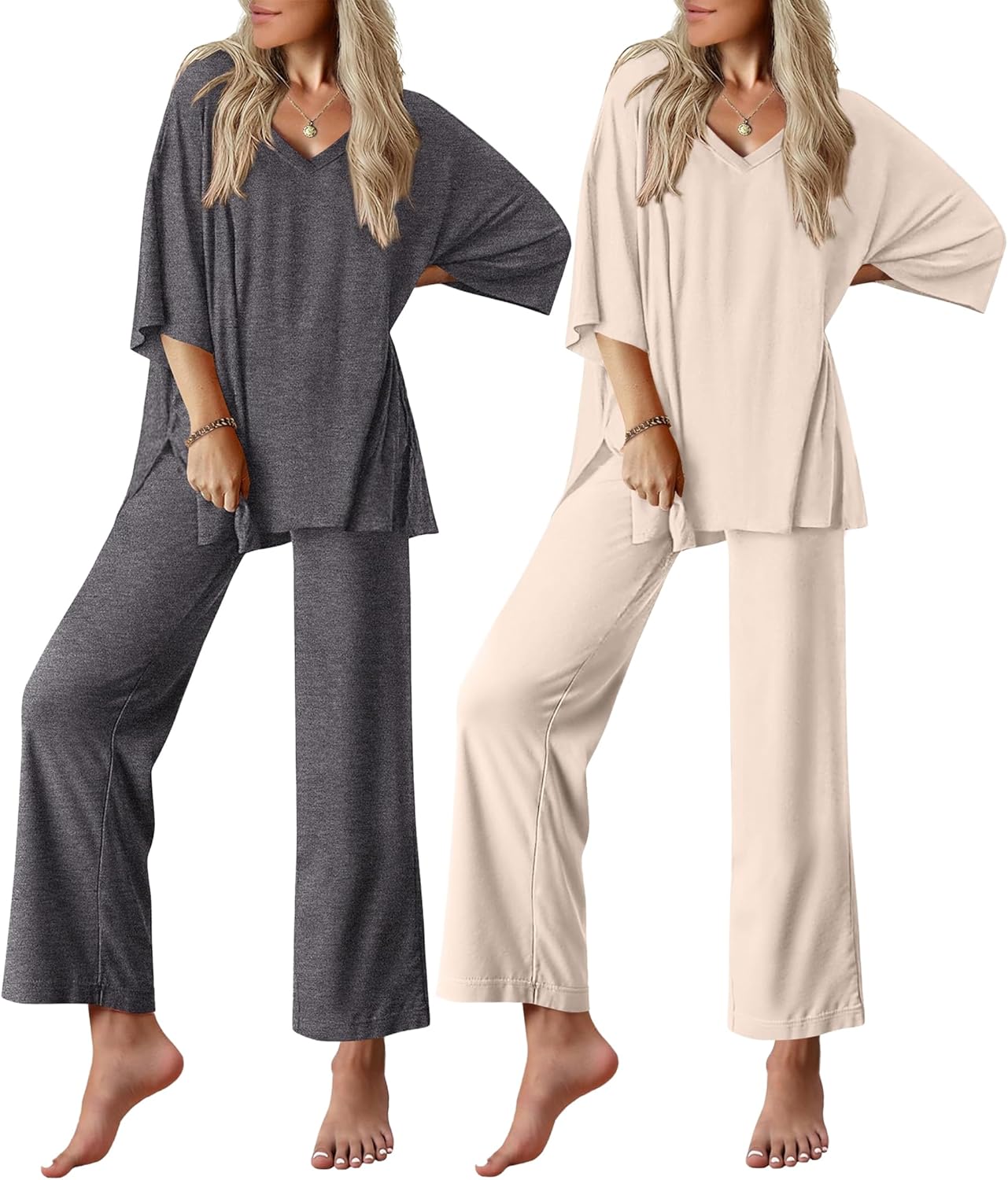 Women's 2 Packs Lounge Sets Short Sleeve Pajamas Set V Neck Top and Long Pants Comfy Pjs Outifts with Pockets
