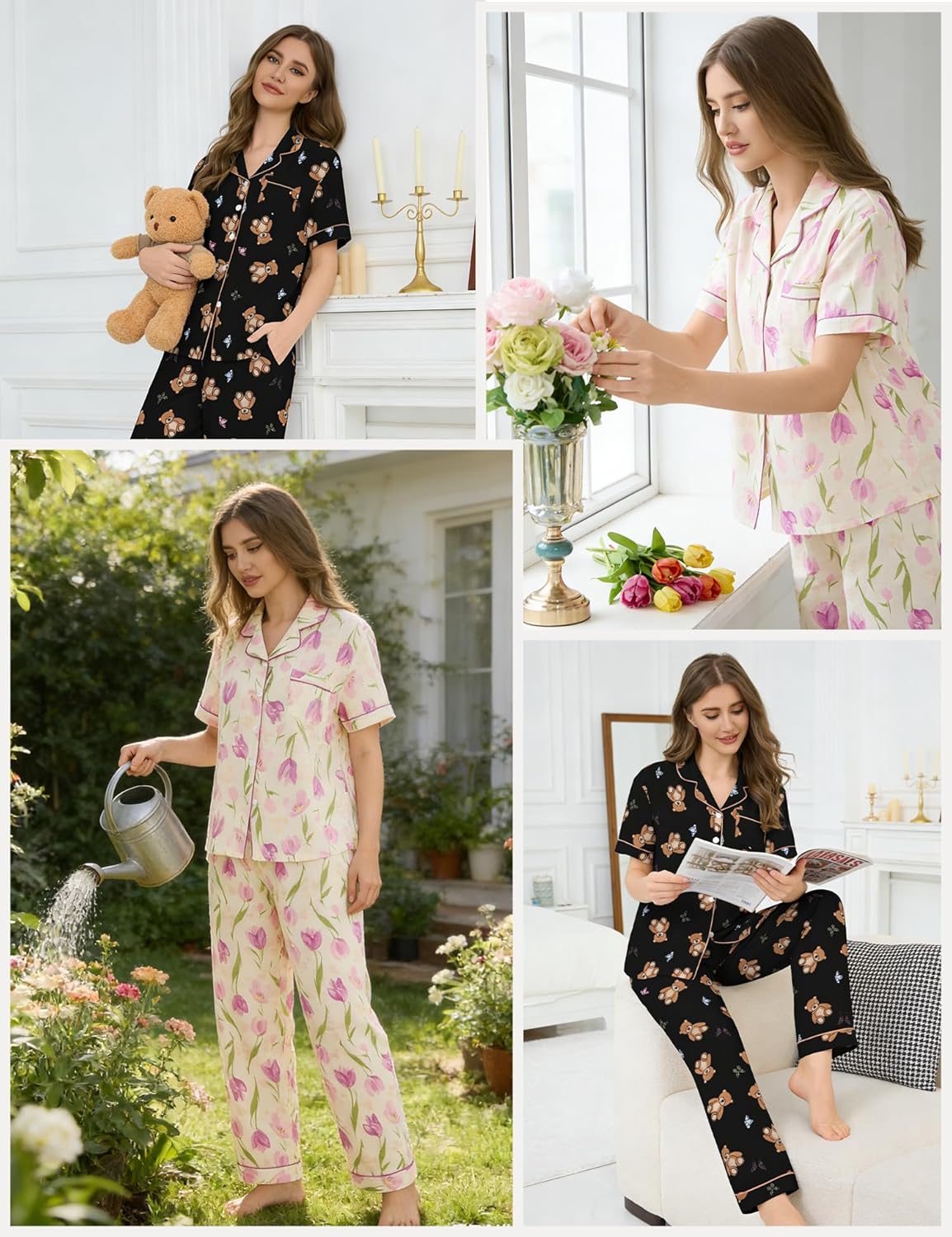 Women's 2 Piece Pajama Sets Shorts Sleeve Pajamas Cute Pj Set Lounge Matching Pjs Button Shirt with Long Pants Women's 2 Piece Pajama Sets Shorts Sleeve Pajamas Cute Pj Set Lounge Matching Pjs Button Shirt with Long Pants