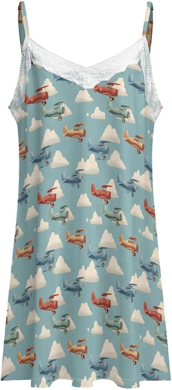 Women's Retro Airplane Print Nightgowns Sleeveless Sleepwear Spaghetti Strap Sleep Dress Women's Retro Airplane Print Nightgowns Sleeveless Sleepwear Spaghetti Strap Sleep Dress