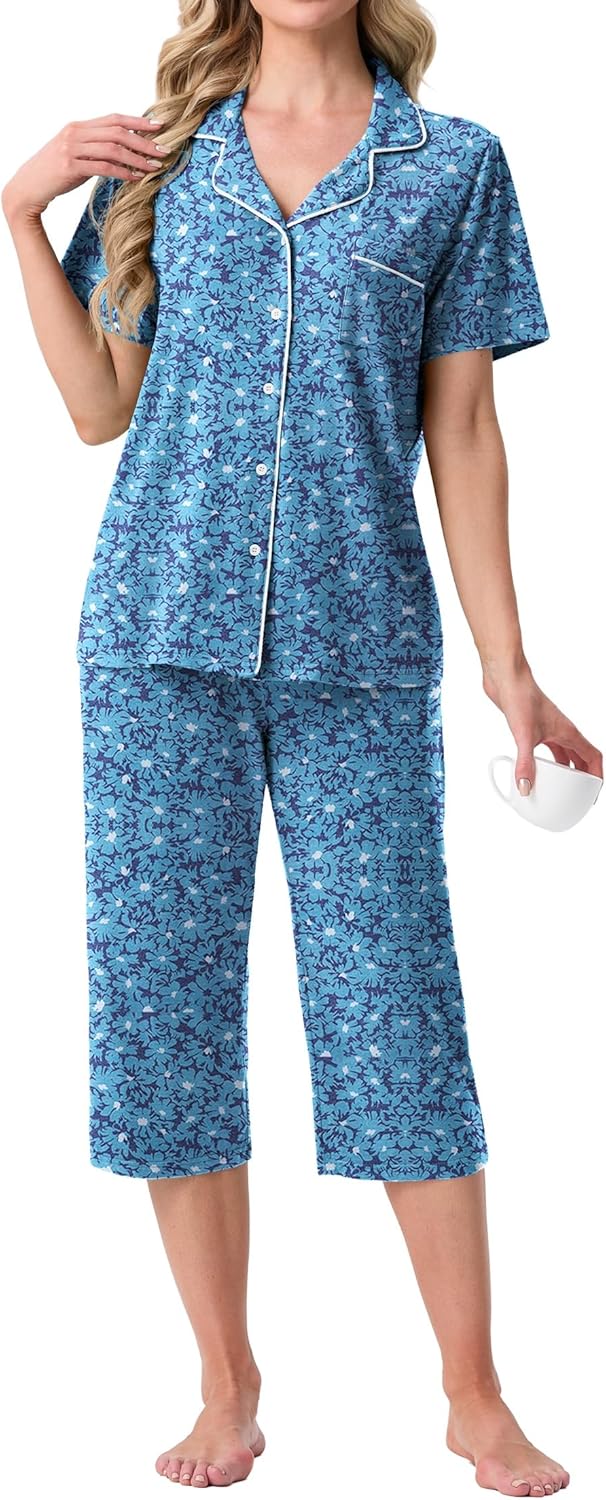 Women's Capri Pajamas Button Down Pjs Short Sleeve Comfy Lounge Set 2 Piece Pj Sets with Pockets