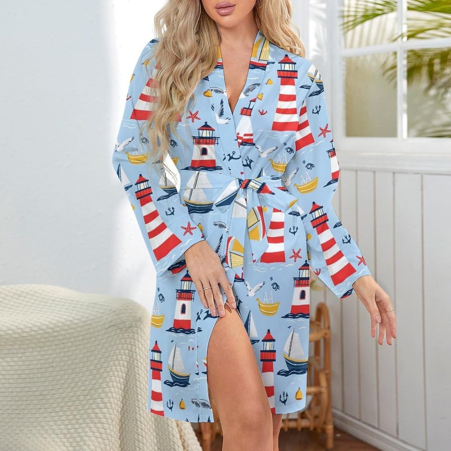 Women's Seagull Lighthouse Anchor Print Short Robes - Bathrobe Nightgown Sleepwear Loungewear Dressing Gown Women's Seagull Lighthouse Anchor Print Short Robes - Bathrobe Nightgown Sleepwear Loungewear Dressing Gown