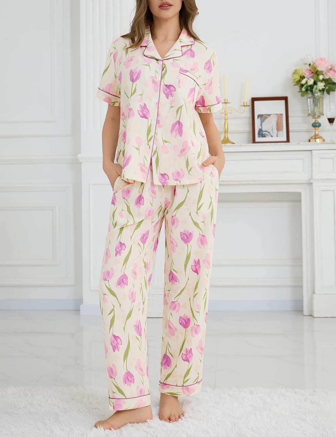 Women's 2 Piece Pajama Sets Shorts Sleeve Pajamas Cute Pj Set Lounge Matching Pjs Button Shirt with Long Pants Women's 2 Piece Pajama Sets Shorts Sleeve Pajamas Cute Pj Set Lounge Matching Pjs Button Shirt with Long Pants