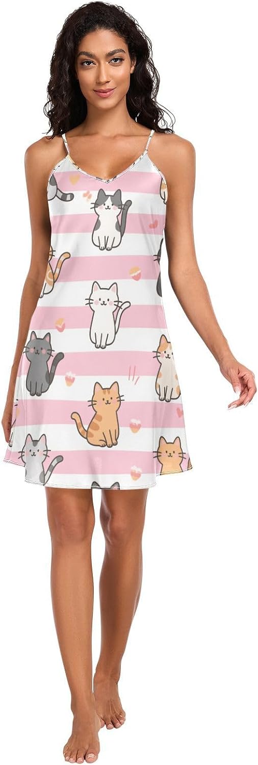 Women's Night Dress Sexy V Neck Chemises Nightgown Sleeveless Stripe Cartoon Cat Ladies Women's Night Dress Sexy V Neck Chemises Nightgown Sleeveless Stripe Cartoon Cat Ladies