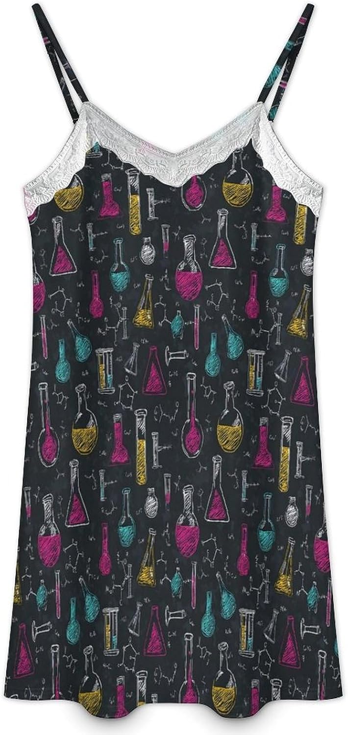 Women's Chemistry Theme Background Print Nightgowns Sleeveless Sleepwear Spaghetti Strap Sleep Dress
