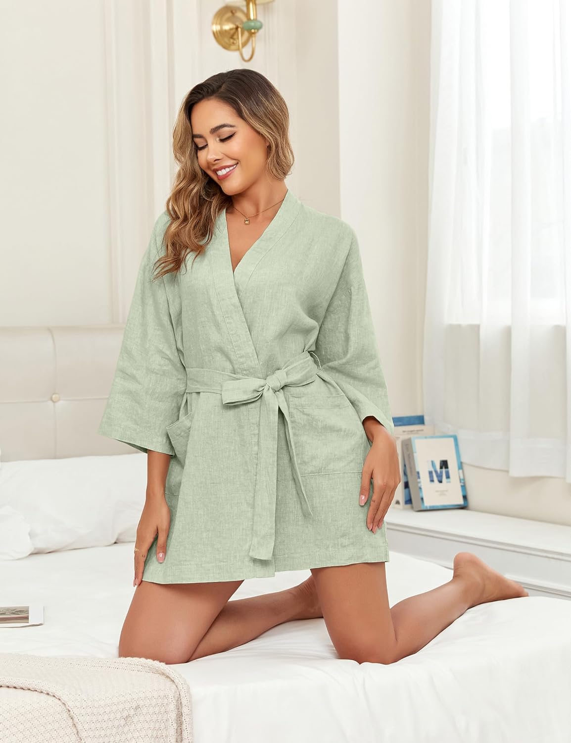 Women's Linen Kimono Robes Soft Lightweight Short Bathrobe Sleepwear Pajamas Nightgowns Loungewear with Pockets