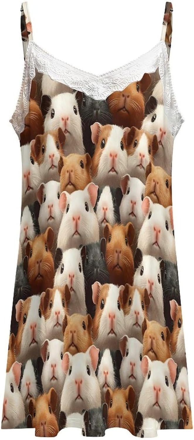 Women's Cute Guinea Pig Face Print Nightgowns Sleeveless Sleepwear Spaghetti Strap Sleep Dress