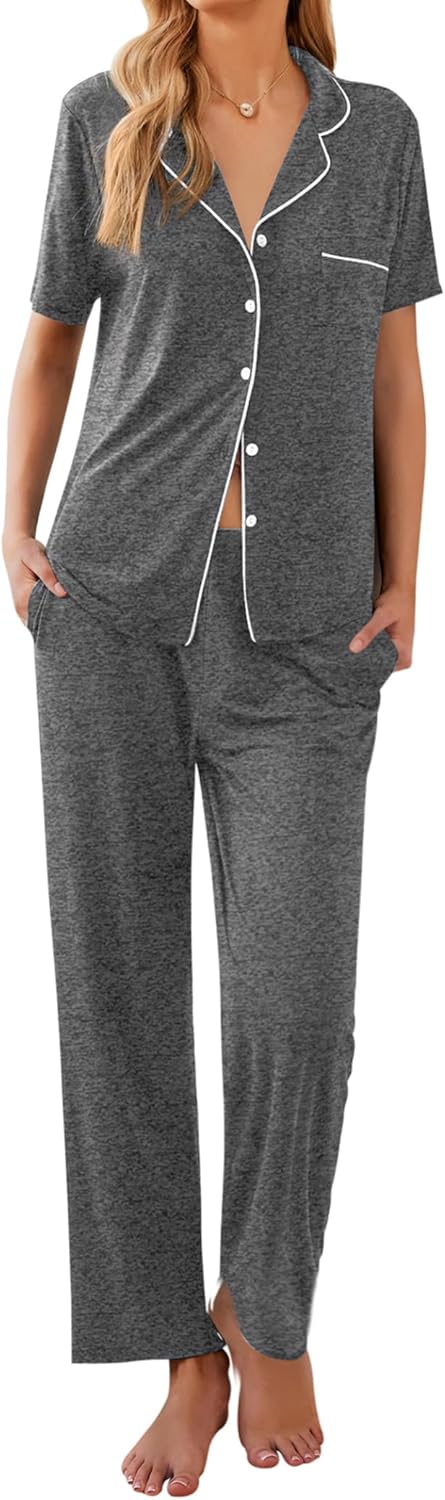 Women's Pajamas Set Button Down Sleepwear Short Sleeve Nightwear with Long Pants Soft Pjs