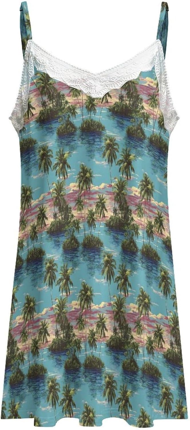 Women's Island Sunset Palm Print Nightgowns Sleeveless Sleepwear Spaghetti Strap Sleep Dress
