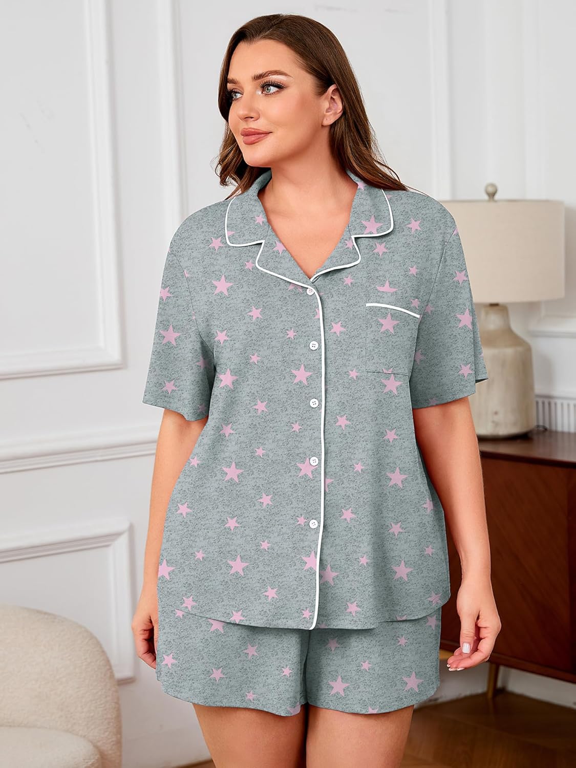 Women's Set Short Sleeve Button Down Sleepwear with Pockets Notch Collar Drawstring Shorts