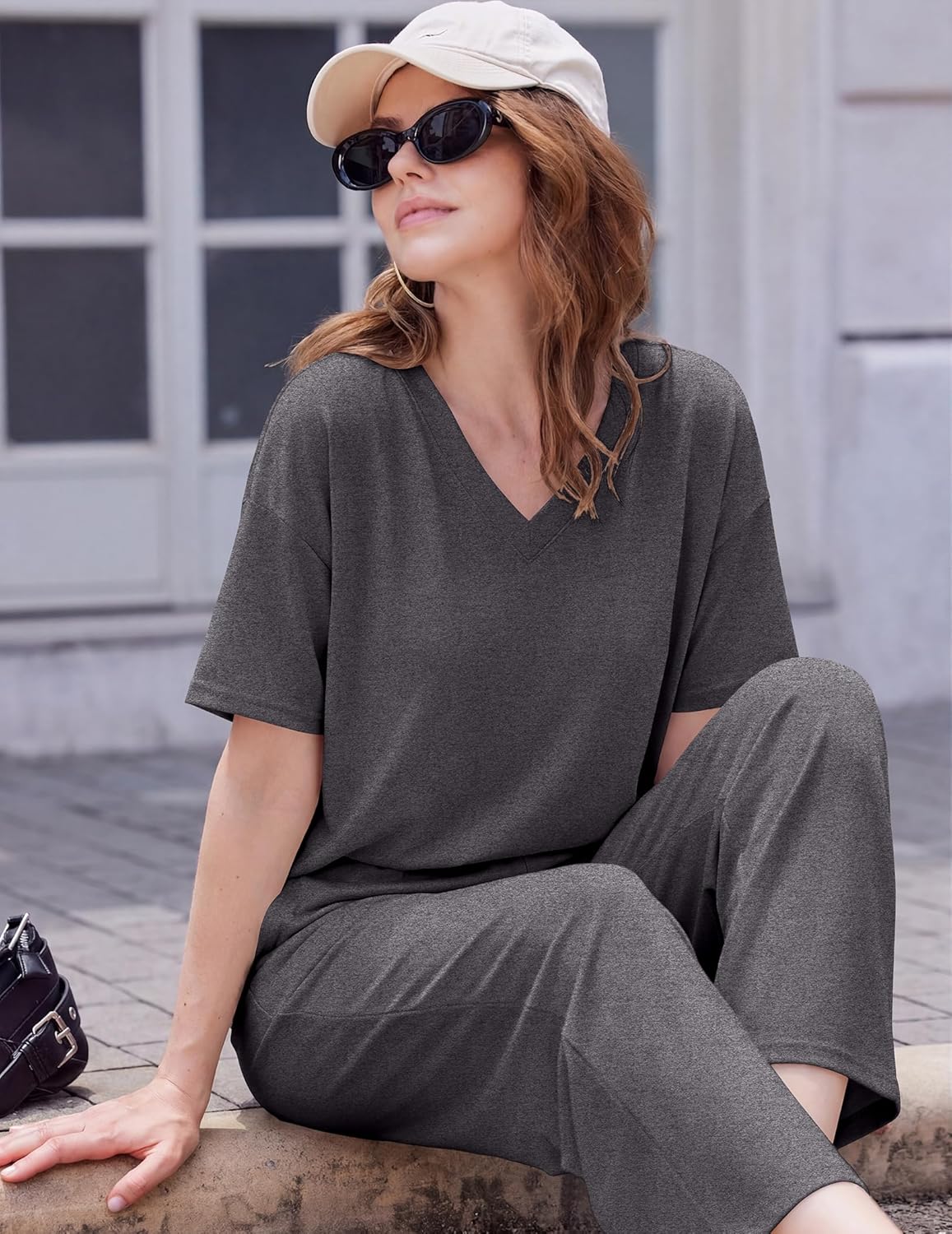 Women's 2 Packs Lounge Sets Short Sleeve Pajamas Set V Neck Top and Long Pants Comfy Pjs Outifts with Pockets Women's 2 Packs Lounge Sets Short Sleeve Pajamas Set V Neck Top and Long Pants Comfy Pjs Outifts with Pockets