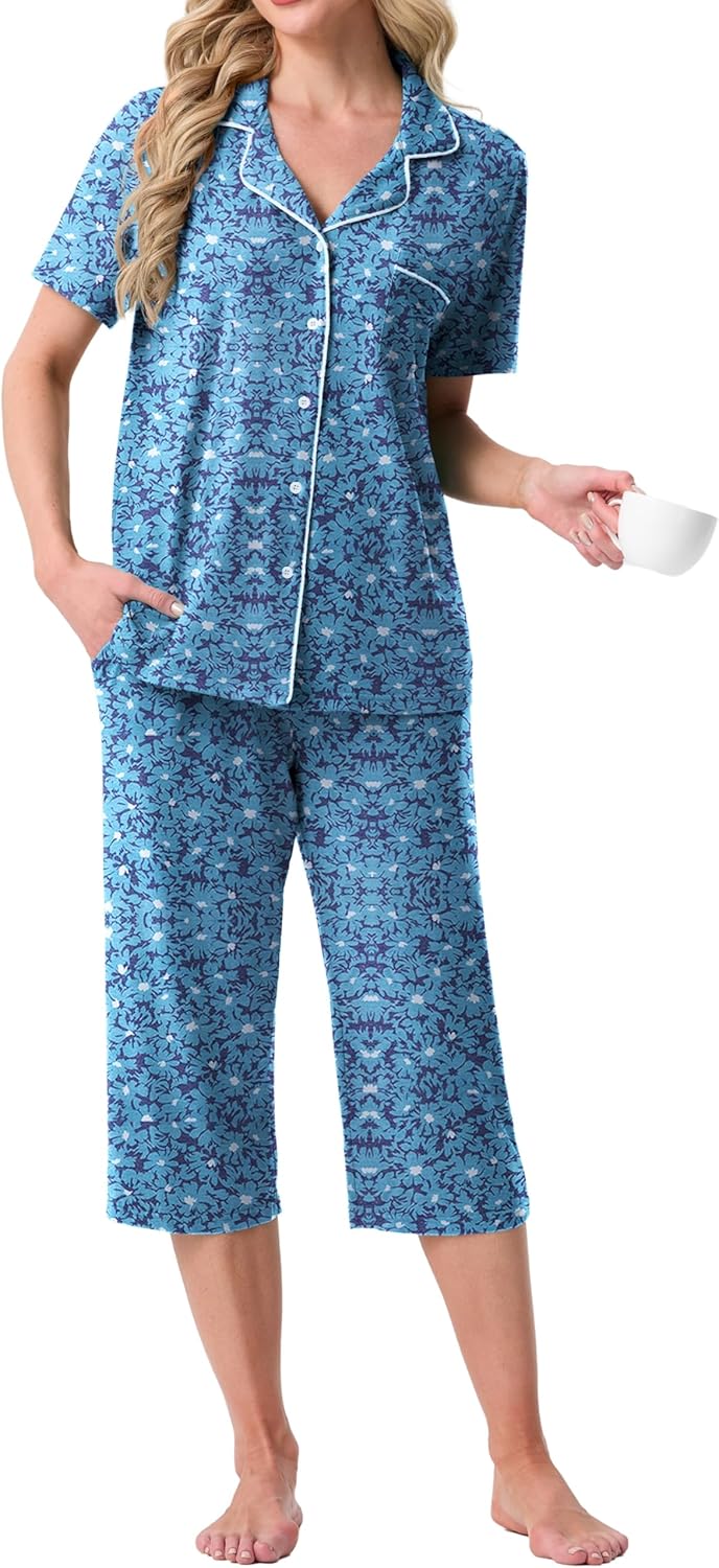 Women's Capri Pajamas Button Down Pjs Short Sleeve Comfy Lounge Set 2 Piece Pj Sets with Pockets