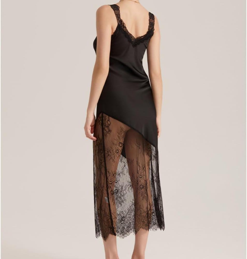 Women's Satin Slip Nightgown Trim Asymmetric Long Sleepwear Sexy Chemise Loungewear, Gifts