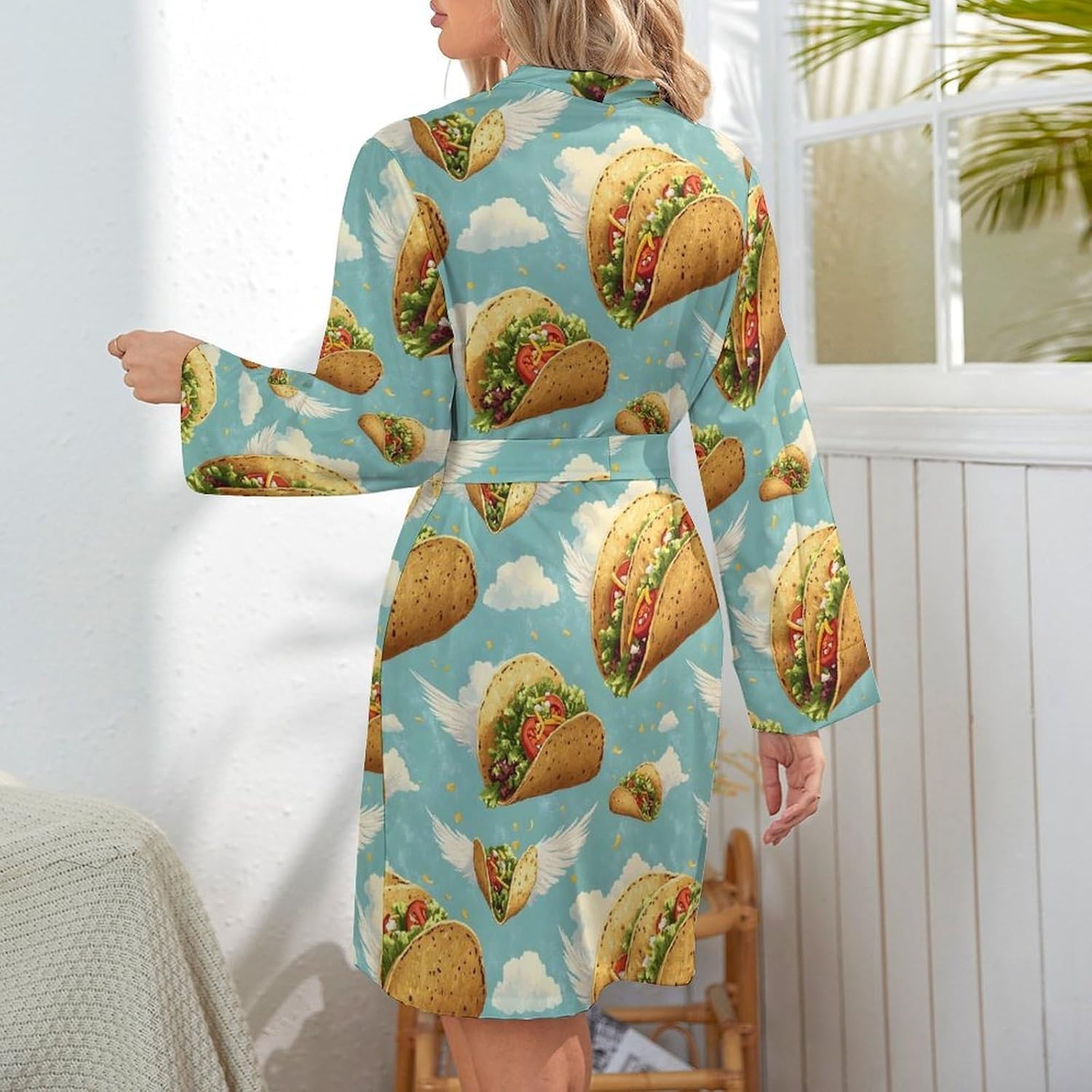 Women's Taco Wings Print Short Robes - Bathrobe Nightgown Sleepwear Loungewear Dressing Gown