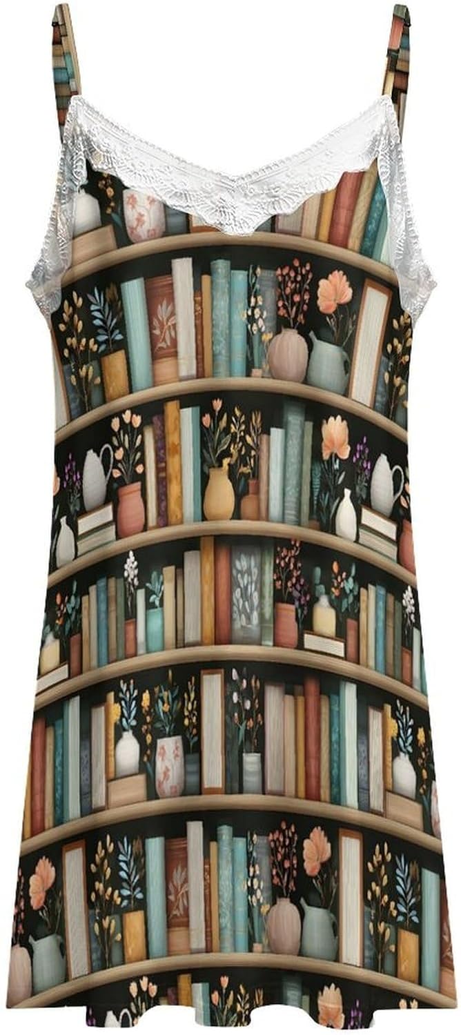 Women's Elegant Bookshelf Flowers D Print Nightgowns Sleeveless Sleepwear Spaghetti Strap Sleep Dress