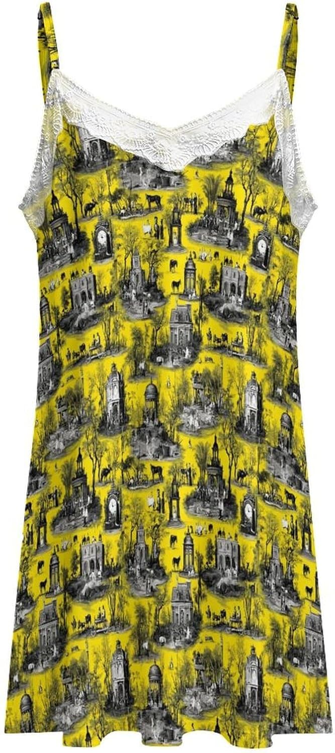 Women's Retro Country Church Print Nightgowns Sleeveless Sleepwear Spaghetti Strap Sleep Dress