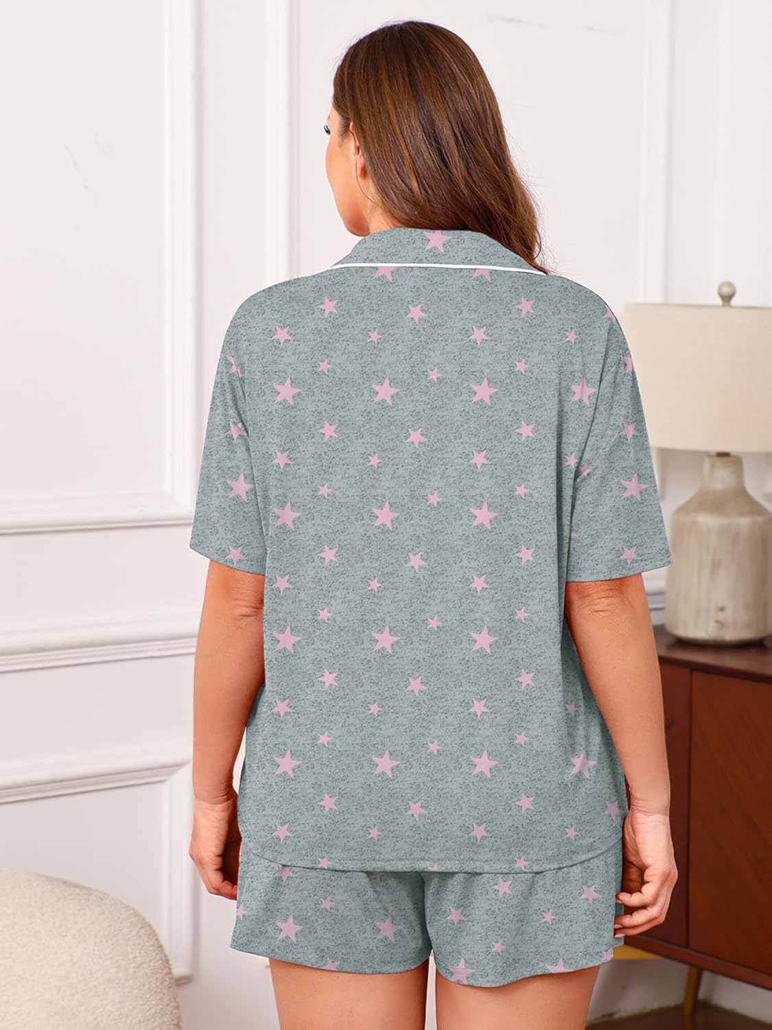 Women's Set Short Sleeve Button Down Sleepwear with Pockets Notch Collar Drawstring Shorts