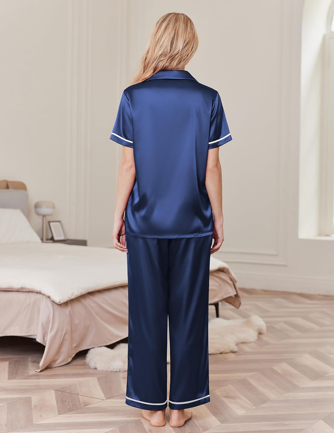 Women's Silk Pajamas Set Short Sleeve Satin Pjs 2 Piece Soft Loungewear with Pants Button Down Sleepwear