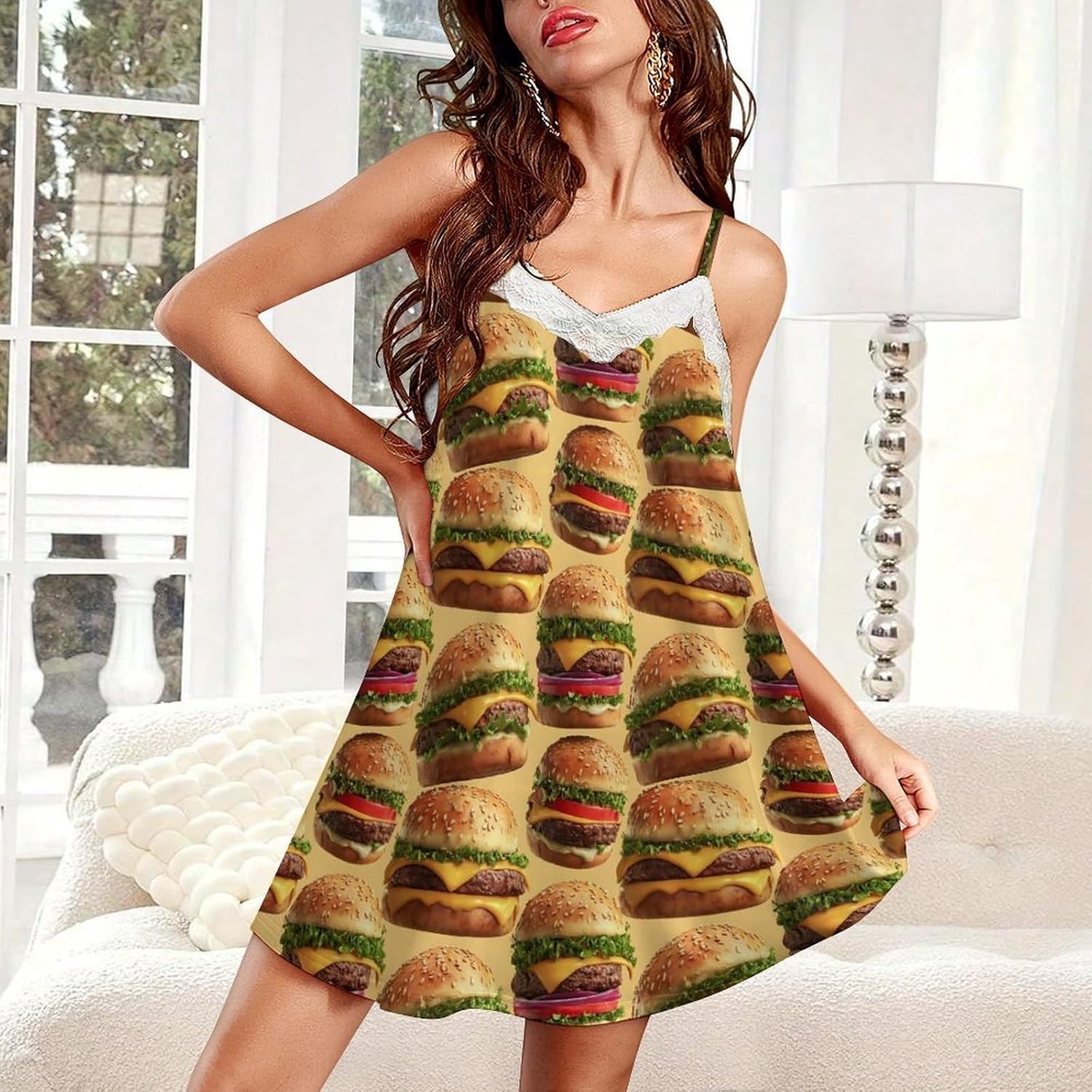 Women's Layered Cheeseburgers Print Nightgowns Sleeveless Sleepwear Spaghetti Strap Sleep Dress
