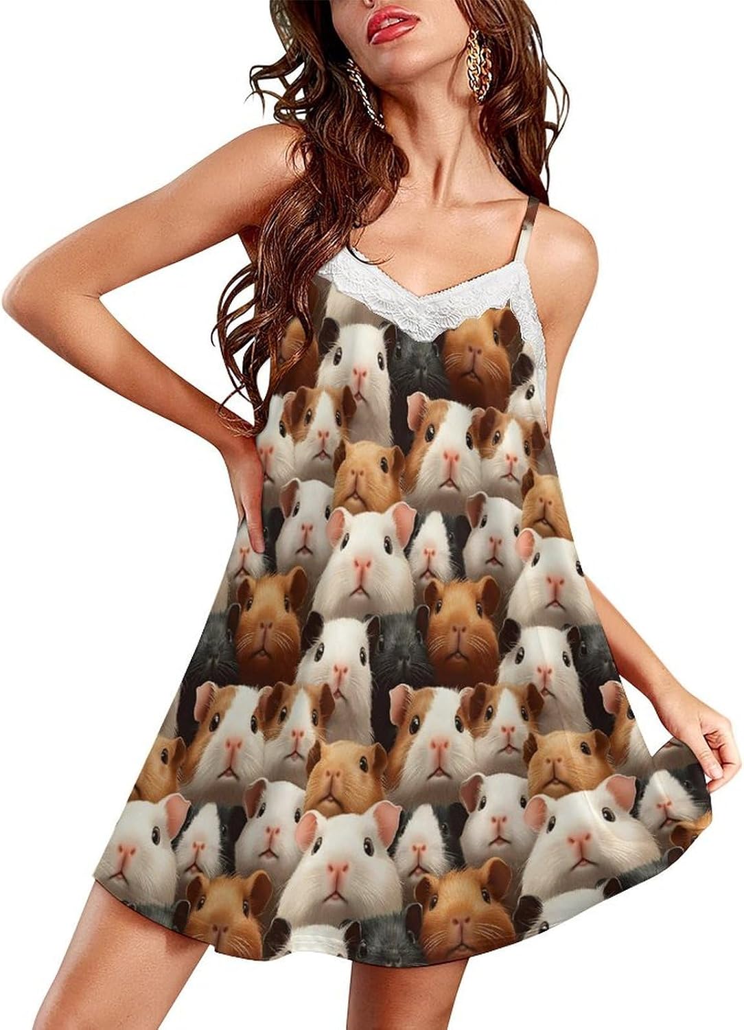 Women's Cute Guinea Pig Face Print Nightgowns Sleeveless Sleepwear Spaghetti Strap Sleep Dress Women's Cute Guinea Pig Face Print Nightgowns Sleeveless Sleepwear Spaghetti Strap Sleep Dress