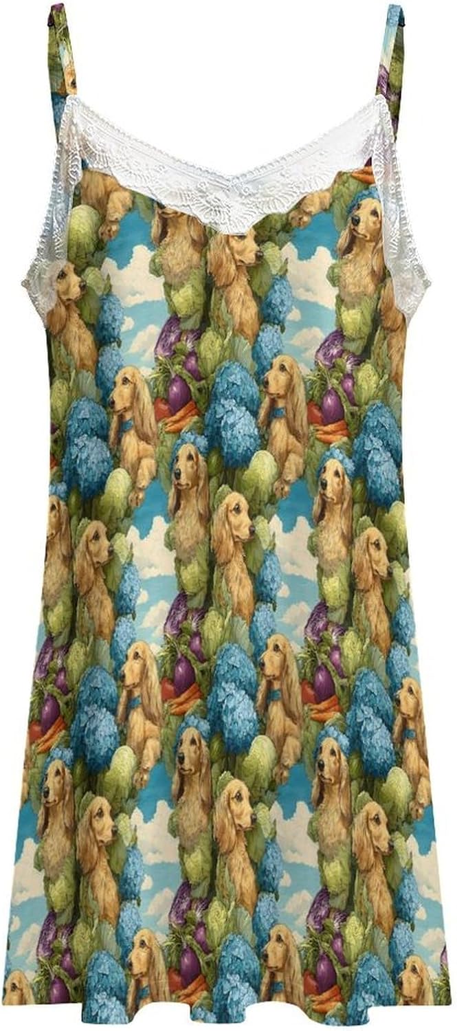 Women's Countryside Golden Retriever Print Nightgowns Sleeveless Sleepwear Spaghetti Strap Sleep Dress