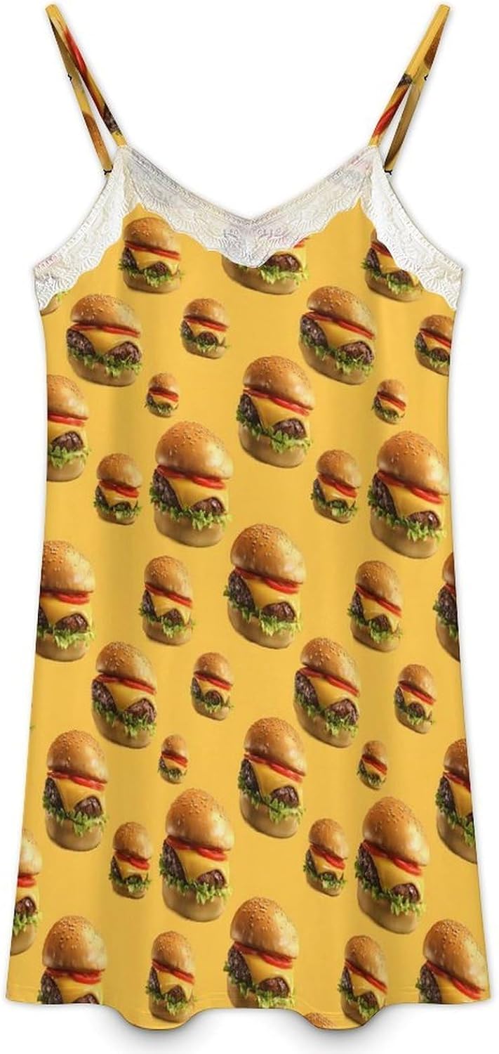 Women's Cheeseburgers Print Nightgowns Sleeveless Sleepwear Spaghetti Strap Sleep Dress Women's Cheeseburgers Print Nightgowns Sleeveless Sleepwear Spaghetti Strap Sleep Dress
