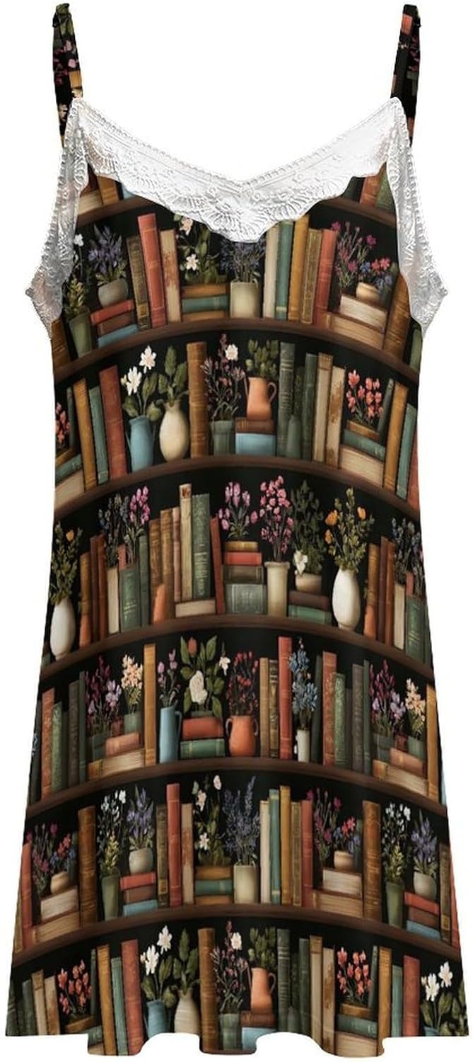 Women's Elegant Bookshelf Flowers B Print Nightgowns Sleeveless Sleepwear Spaghetti Strap Sleep Dress