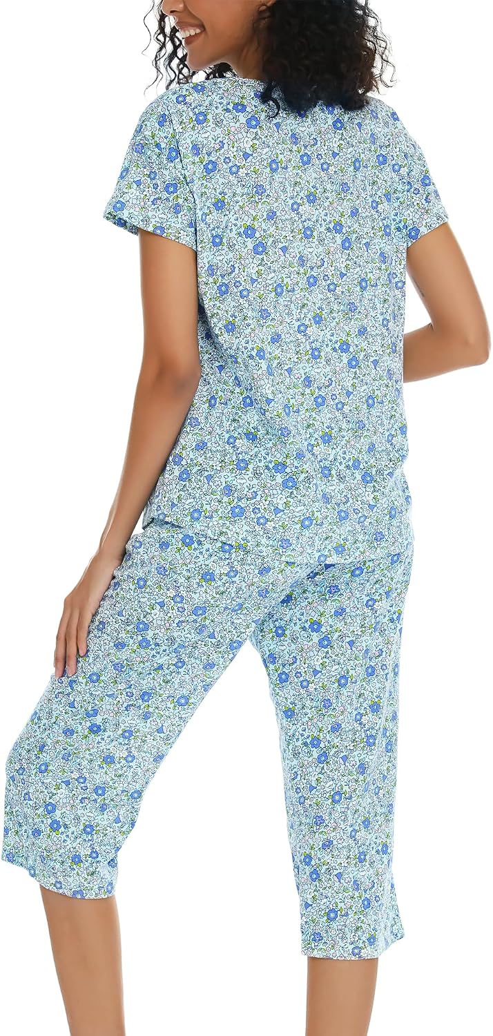 Women's Pajama Sets Cotton Pj Set Short Sleeve Top With Capri Pants Sleepwear 2 Piece Lounge
