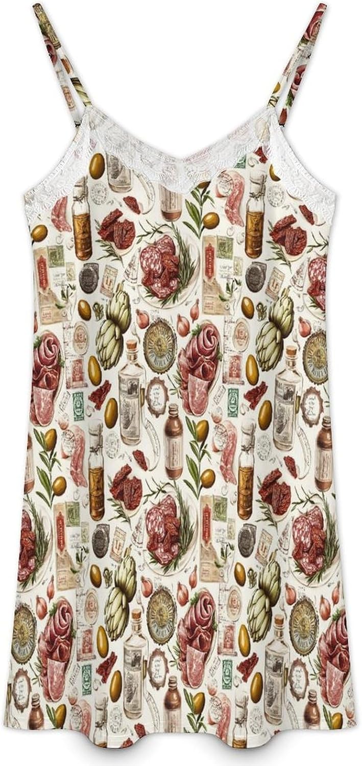 Women's Vintage Italian Food Print Nightgowns Sleeveless Sleepwear Spaghetti Strap Sleep Dress